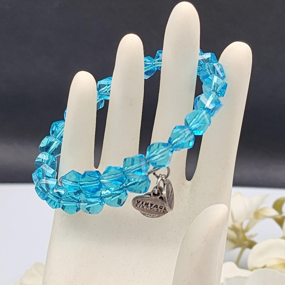 Alex and Ani Vintage Sixty-Six Wrap Bracelet Aqua Blue Glass Beaded Energy Charm